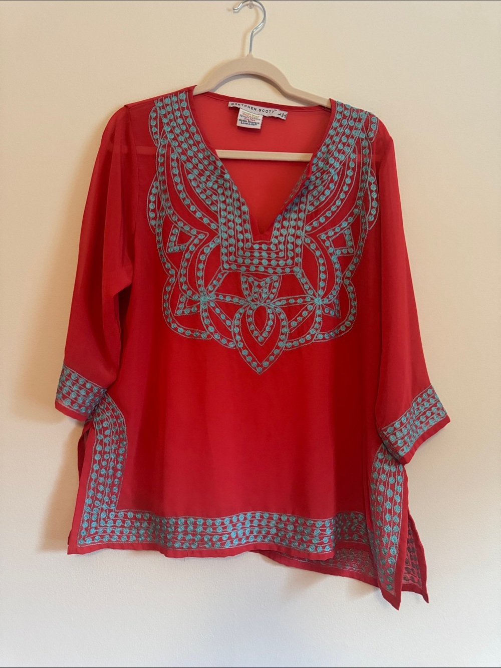Women's pink/coral Embroidered V-Neck Tunic Top